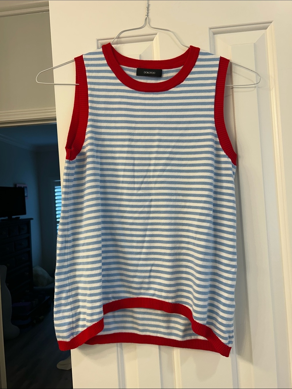 Blue & White Stripe Tank Top with Red Trim M